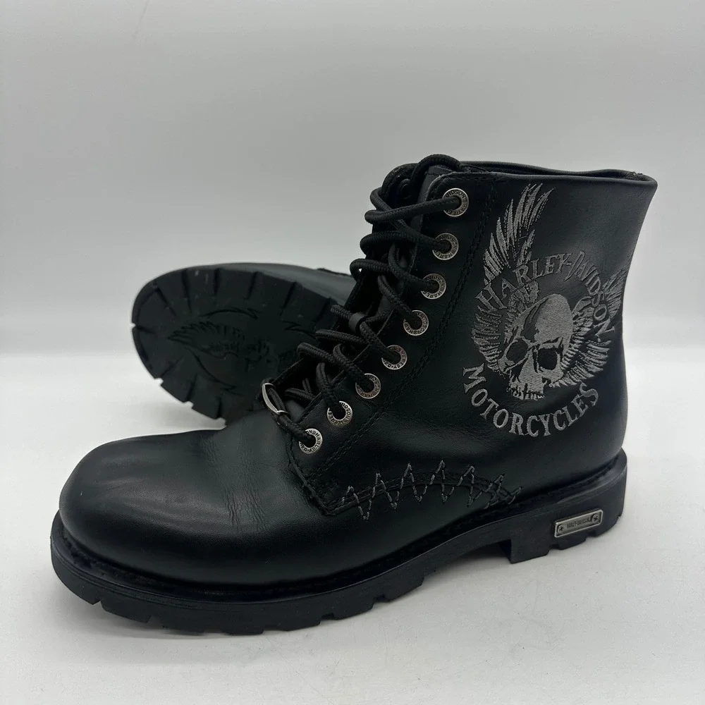 Harley-Davidson 95172 Mens Size 10 Black Leather Winged Skull Biker Riding Boots